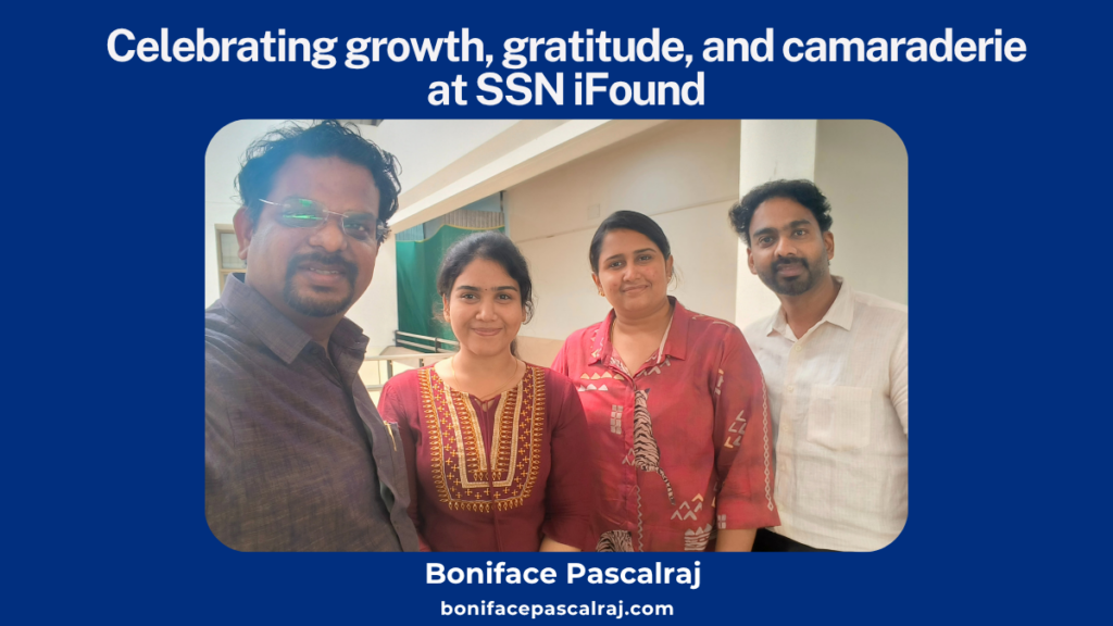 Kaviya with Roopa, Dheepan, and Boni at SSN iFound on her last day as an intern