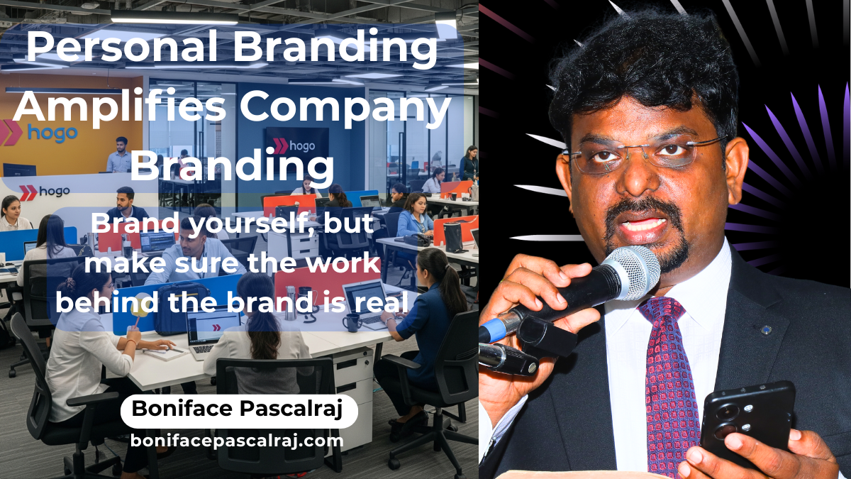 Entrepreneur standing in front of a startup logo representing both personal and company branding