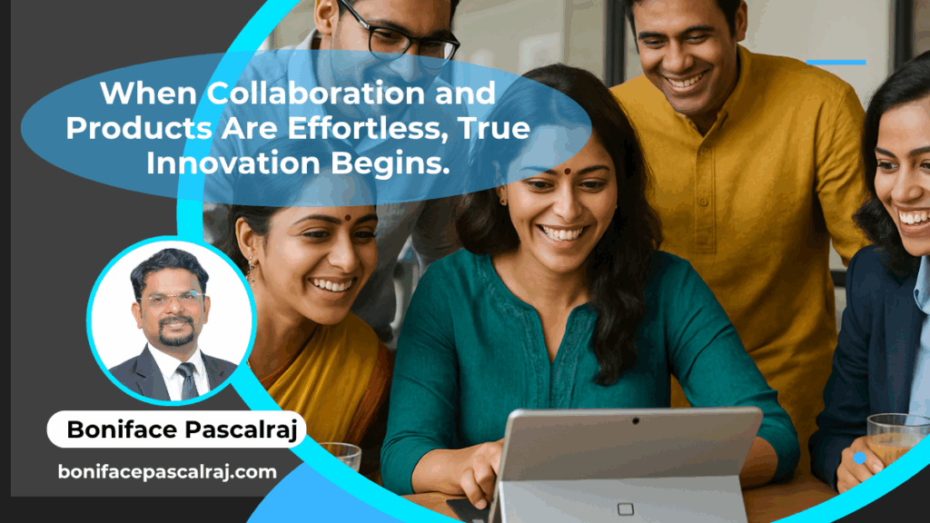A team moving in harmony around an intuitive product interface, symbolizing easy collaboration and user-friendly design