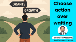 Founder standing at a fork in the road with signs for "Grants" and "Startup Growth"