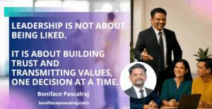 An Indian manager leading a diverse team, balancing between support and tough feedback, with symbolic tightrope in an office setting.