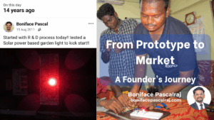 Solar garden light prototype glowing on a breadboard symbolizing early-stage innovation and entrepreneurship