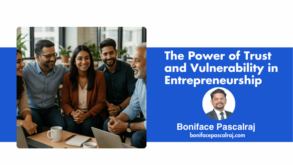 A diverse group of entrepreneurs engaging in a supportive conversation symbolizing trust, vulnerability, and collaboration