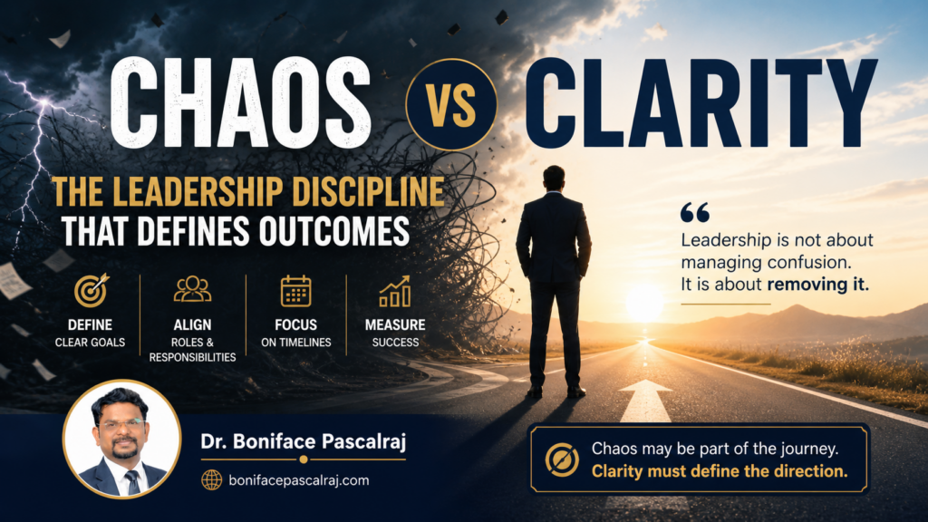 A leader navigating through chaos toward clarity symbolizing direction and decision making