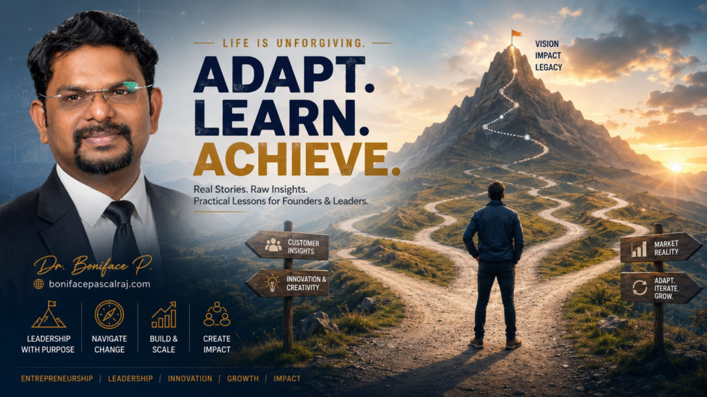A founder standing at a crossroads, looking at multiple paths leading toward a distant mountain peak. The mountain represents the vision, while the different paths symbolize adapting the route without abandoning the destination.