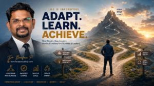 A founder standing at a crossroads, looking at multiple paths leading toward a distant mountain peak. The mountain represents the vision, while the different paths symbolize adapting the route without abandoning the destination.
