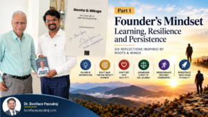 Boniface Ptascalraj with Prof. Ashok Jhunjhunwala and the signed copy of *Roots & Wings: Building India’s Deep Tech Ecosystem*, inspiring reflections on failure, resilience, perseverance and persistence.